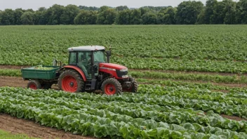 Et stort jorde med ulike grønnsaker som vokser, med en traktor i bakgrunnen