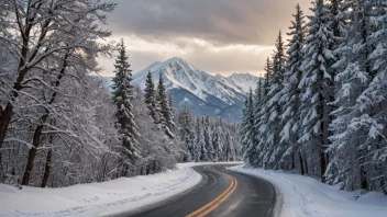 En fredelig vinter scene med en snødekket vei som strekker seg gjennom landskapet.