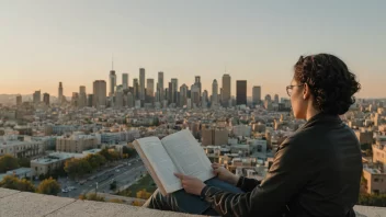 En person leser en bok om samfunnsstudie, med en byscape i bakgrunnen.