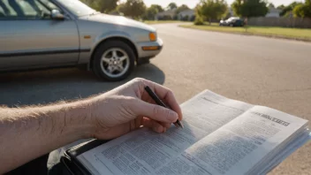 En person leser en bilmanual, med en bil i bakgrunnen.