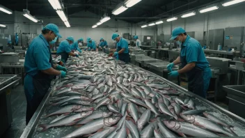 En fiskeindustriell fabrikk med mennesker som arbeider og maskiner som prosesserer fisk.