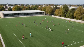 Et foto av Norges Idrettshøgskole (NIHs) bygningen med studenter som deltar i idrett.