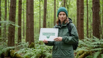 En naturbeskytter som står i en skog, med et skilt som sier 'Beskyt vår natur'.