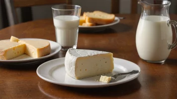 Et mjølkprodukt på et bord, med et glass melk og en tallerken ost i bakgrunnen.