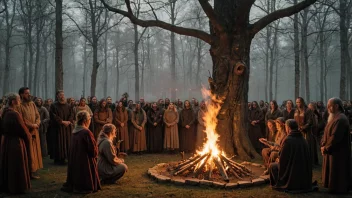 Et førkristent skandinavisk ritual eller seremoni, hvor mennesker er samlet rundt et bål eller et hellig tre, og utfører ritualer og ofringer.