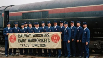 En gruppe jernbanearbeidere i uniform, stående foran et tog, med et banner eller flagg med logoen til jernbanearbeidernes fagforening.