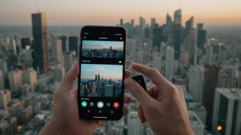 En person som holder en smarttelefon med en video som spiller på skjermen, med en bylandskap i bakgrunnen.