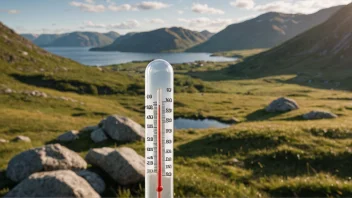 En illustrasjon av et termometer som måler landtemperatur i et norsk landskap.