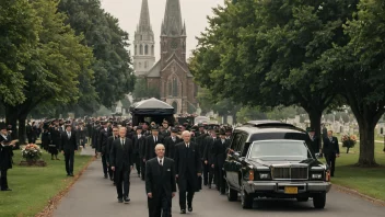 En alvorlig begravelsesprosesjon med mennesker kledd i sørgeklær som følger etter en likbil.