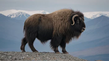 En moskusfe i sin naturlige habitat, som viser dens karakteristiske lodne pels og krumme horn.