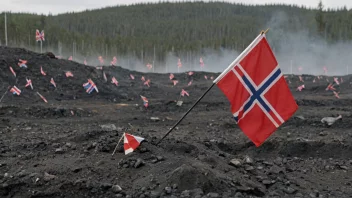 Et bilde av et minefelt med advarselsskilter og et norsk flagg.