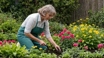 En person som passer en hage med en variasjon av planter og blomster