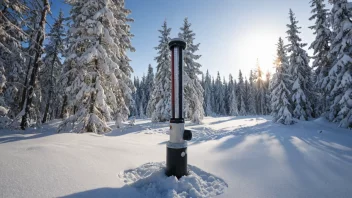 En snømåler som står i et vinterlandskap med snødekte trær og en blå himmel