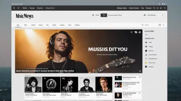 Et musikknettsted med et moderne design, som viser en spilliste med populære sanger og en seksjon for musikknyheter og anmeldelser.