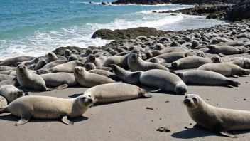 En selkoloni på en steinete strand.