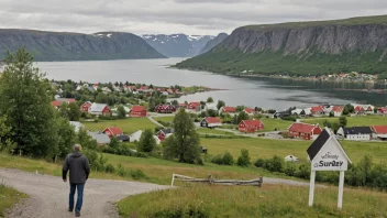 Et typisk norsk landskap med en liten landsby eller by i bakgrunnen, og en person eller et skilt med navnet Sundby i forgrunnen.