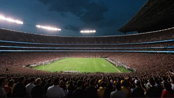 Et idrettsstadion med en stor folkemengde som heier og et band som spiller i bakgrunnen.