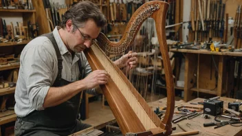 En harpestemmer som stemmer en harpe i en verksted.