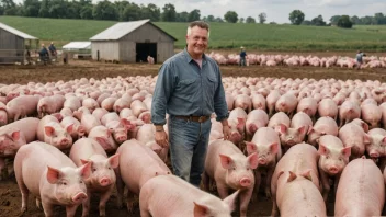 En stor grisefarm med mange griser og en bonde i bakgrunnen