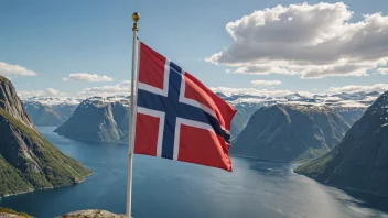 Et bilde av det norske flagget som vifter i vinden, mot en storslagen bakgrunn av fjorder og fjell.