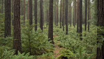 En skog med en variasjon av treslag, hvor noen trær blir beskåret eller høstet på en bærekraftig måte.