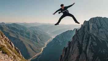 En person som utfører en topphopping-stunt på et fjell.