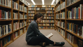 En person som sitter i et bibliotek omgitt av bøker, med fokus på samtidslitteratur.