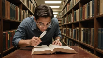 En person søker etter sannheten i et bibliotek