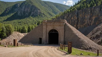 En stor og imponerende åpning til en gruve i et fjellandskap.