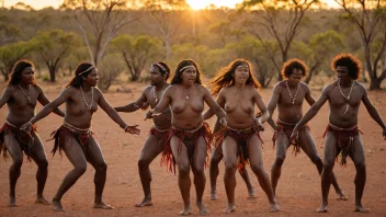 En gruppe aboriginer fra Australia som utfører en tradisjonell dans i Outback.