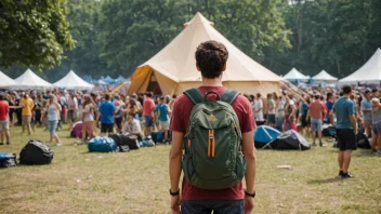 En festivalfarer med ryggsekk og telt, klar til å nyte musikken og atmosfæren.