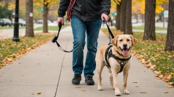 En person med funksjonsnedsettelse går med en servicehund, hunden har på seg en vest og personen holder i hundens løype.