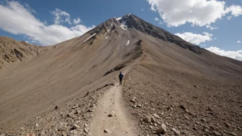 En person som står foran et fjell, med en tydelig sti som leder opp til toppen, men med en tydelig grense eller begrensning markert på stien.