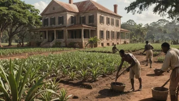 En kolonislave som arbeider på en plantasje, med en bakgrunn av en bygning i kolonistil og noen få andre slaver som arbeider i det fjerne.