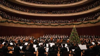 En festlig konsert sal med et symfoniorkester som spiller høytidmusikk.