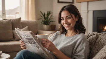 En person som leser en avis med en kopp kaffe og et smil på ansiktet, med en bakgrunn av en koselig stue.