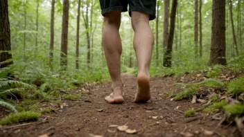 En person som går barfot i en skog, omgitt av trær og grønne omgivelser, med et rolig og fredelig uttrykk.