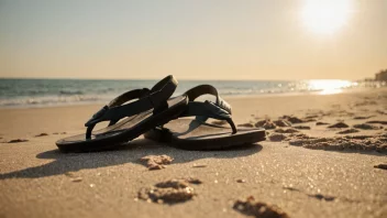 Et par sandaler på en strand med en solfylt bakgrunn