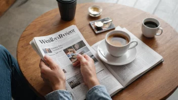 En person som sitter komfortabelt med en kopp kaffe og leser en ukerevy eller et magasin