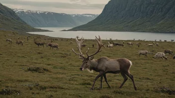 Et fredelig norsk landskap med reinsdyr som beiter i forgrunnen, mens noen naturverner arbeider i bakgrunnen for å beskytte det naturlige habitatet.