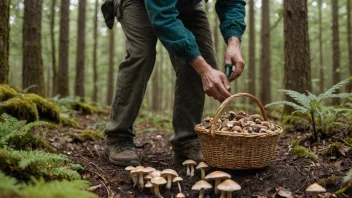 En person dyrker sopp i en skog, omgitt av trær og undervegetasjon. Personen holder en kurv og et lite verktøy, og er nøye med å passe på soppene.