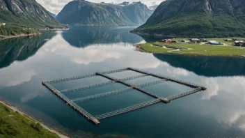 En fiskefarm i Norge, som viser landets betydelige fiskekulturindustri.