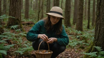 En soppforsker studerer en sopp i en skog.