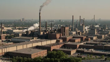 En stor industriell kompleks med flere bygninger og skorsteiner, omgitt av en by.