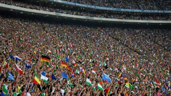 Et fullsatt stadion med mennesker fra ulike land som heier og vifter med flagg.