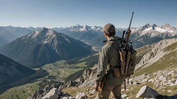 En jeger i alpene, tar inn det majestetiske landskapet.