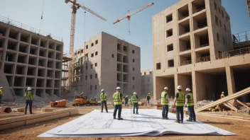 En byggeplass med ingeniører og arkitekter som samarbeider på et komplekst prosjekt.