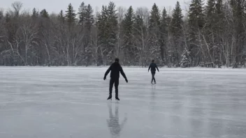 En fredelig vinterscene med en person som går på skøyter på en frossen innsjø, omgitt av snødekte trær.