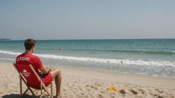 En bademester som sitter på en stol på en strand, og passer på badegjestene