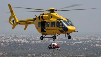 En helikopterambulanse i luften, med et medisinsk team ombord og en pasient som transporteres.